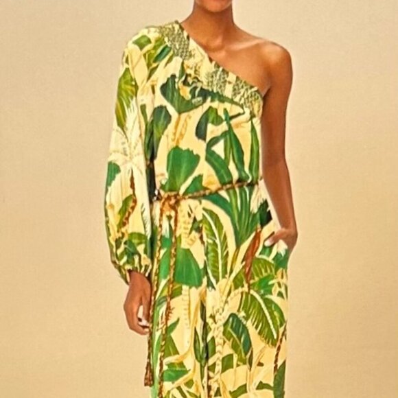 Farm Rio beige tropical isla one-shoulder jumpsuit Size M - Picture 2 of 9
